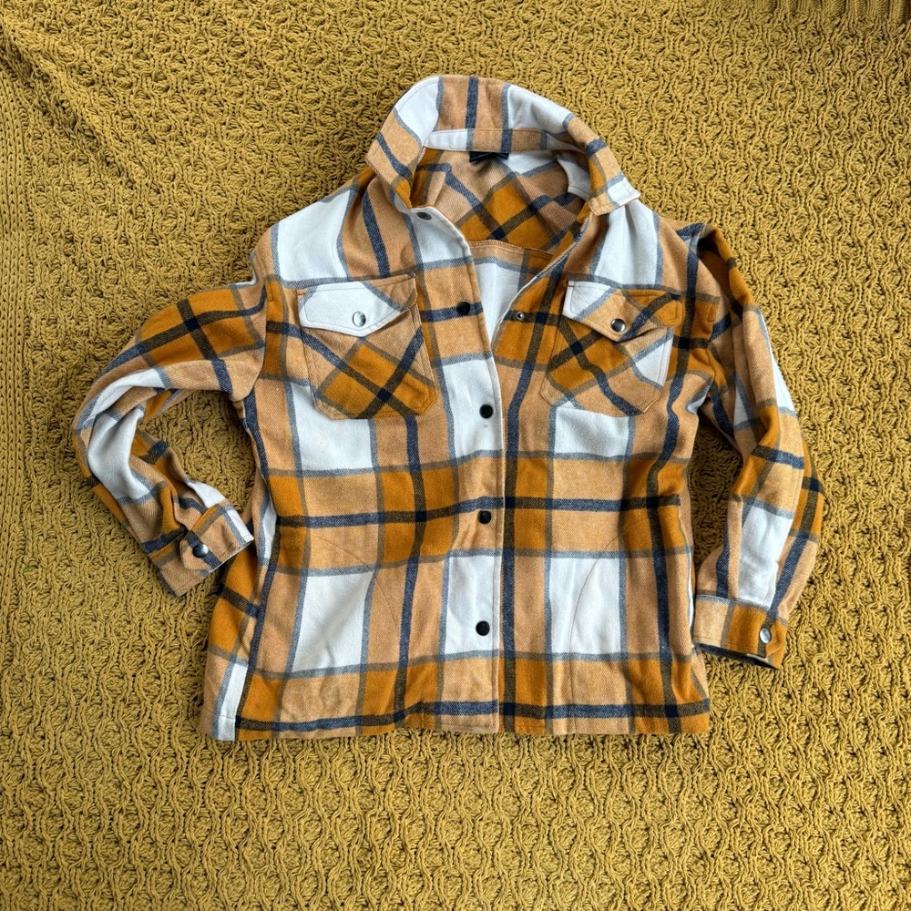 HFX Ladies' S Yellow Plaid Shirt Jacket Shacket Fleece Flannel Cozy Cabincore